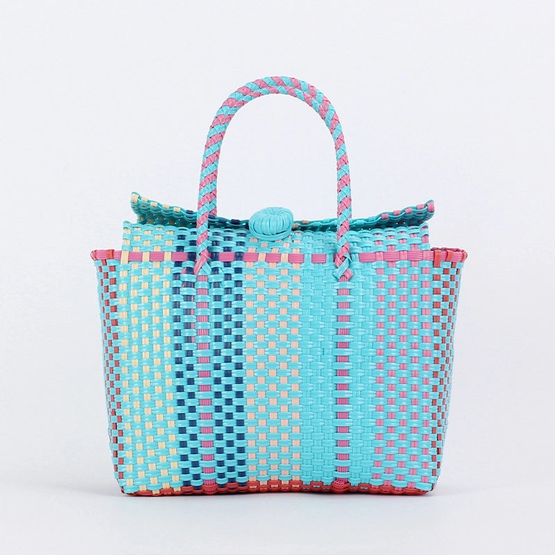 Blue Multicolored Retro Woven PVC Tote Bag with Button Closure