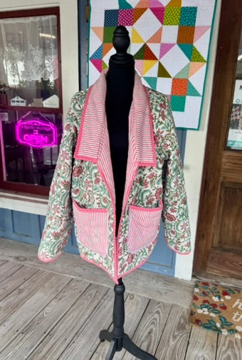 Pink Floral and Striped Quilted Jacket