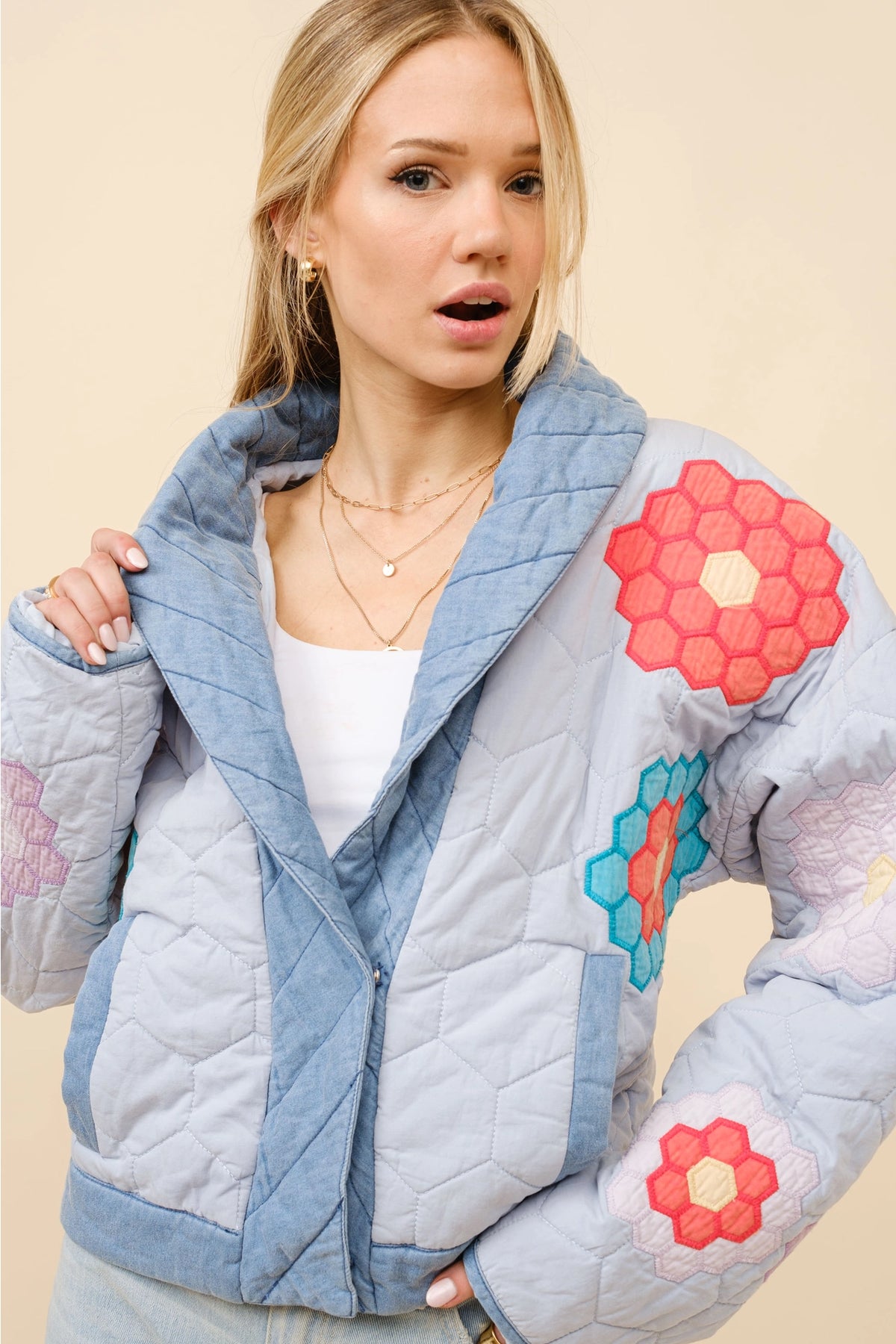 Shawl Under-Collar Quilted Snap Up Jacket