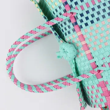 Mint Green Multicolored Retro Woven PVC Tote Bag with Button Closure