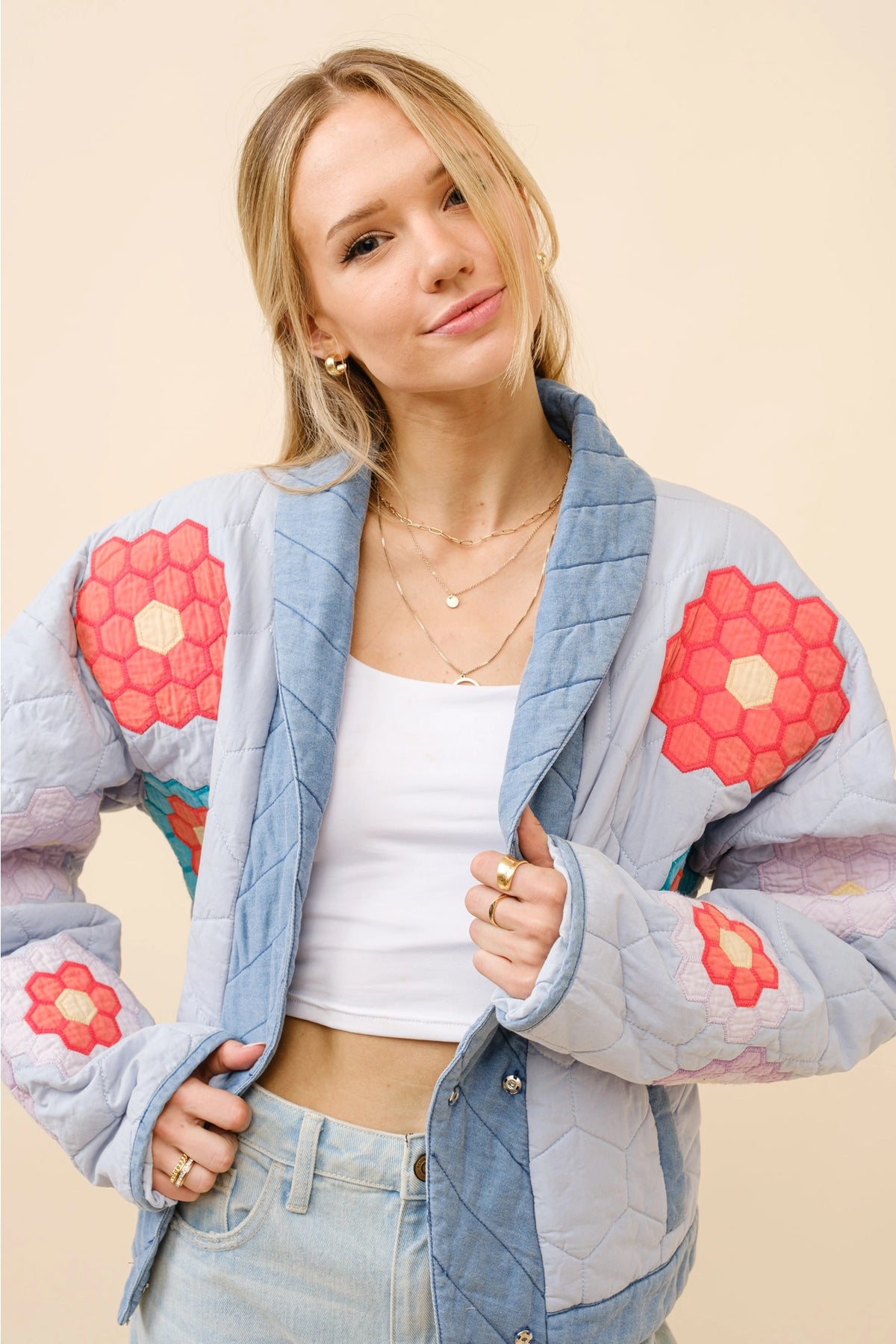 Shawl Under-Collar Quilted Snap Up Jacket