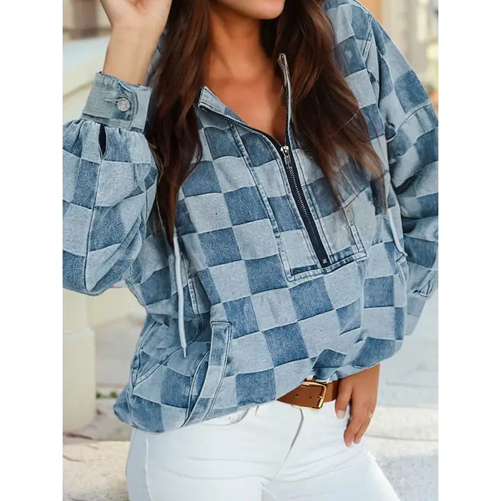 Checkerboard 1/2 Zipped Denim Hoodie