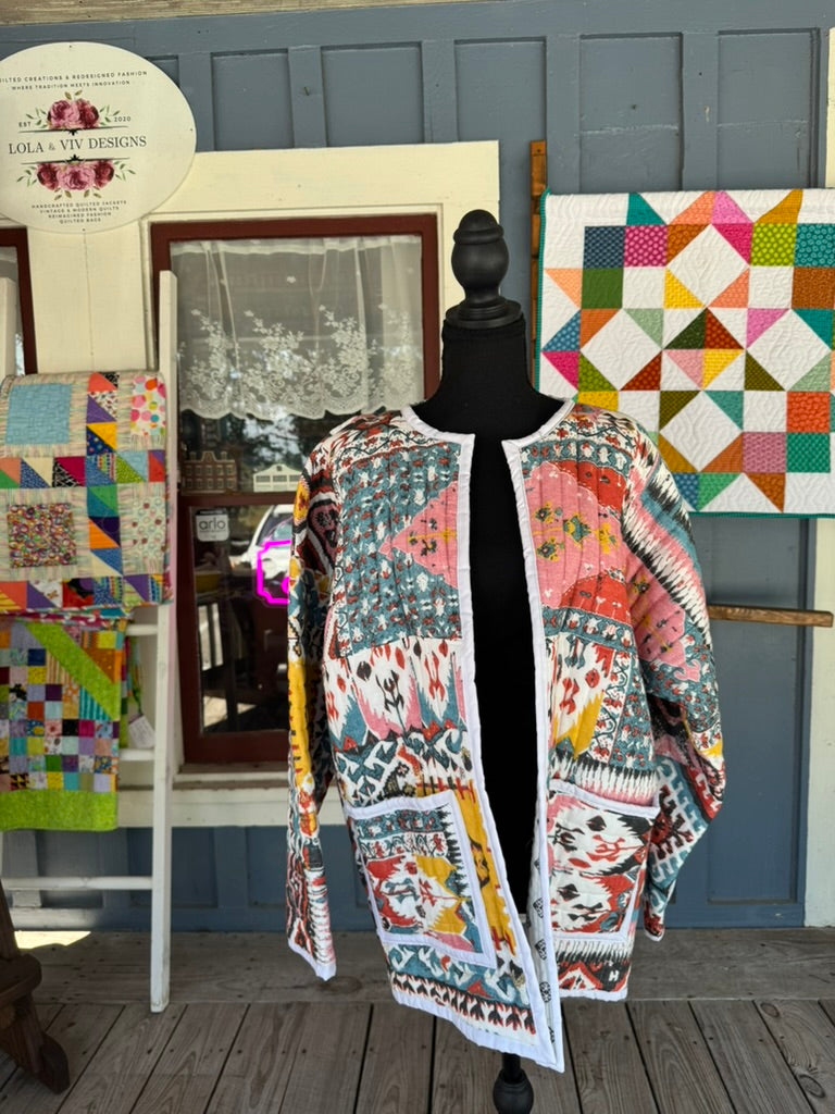 Quilted Bog Jacket with a boho-vibe pattern
