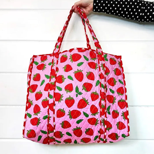 Strawberry Print Quilted Tote Bag