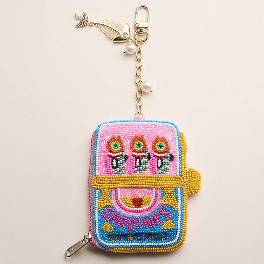 Seed Bead Sardine Can Mini Zipper Pouch with Fishbone Pearl Keychain Bag Charm