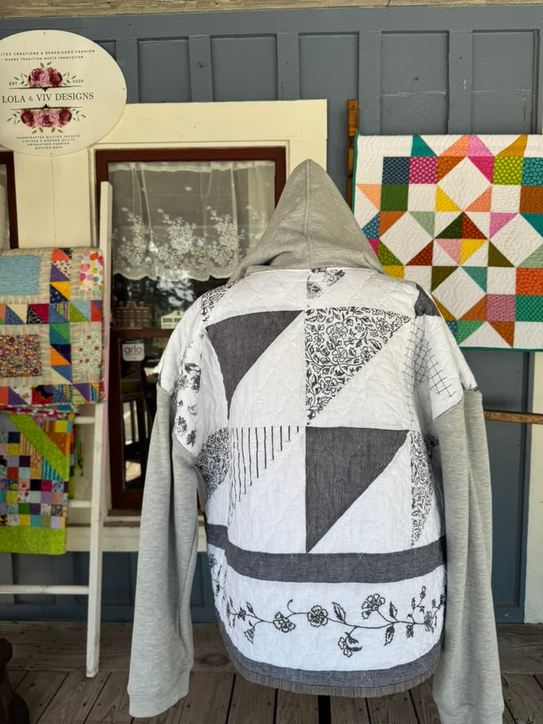 Patchwork Grey and White Quilted Hoodie