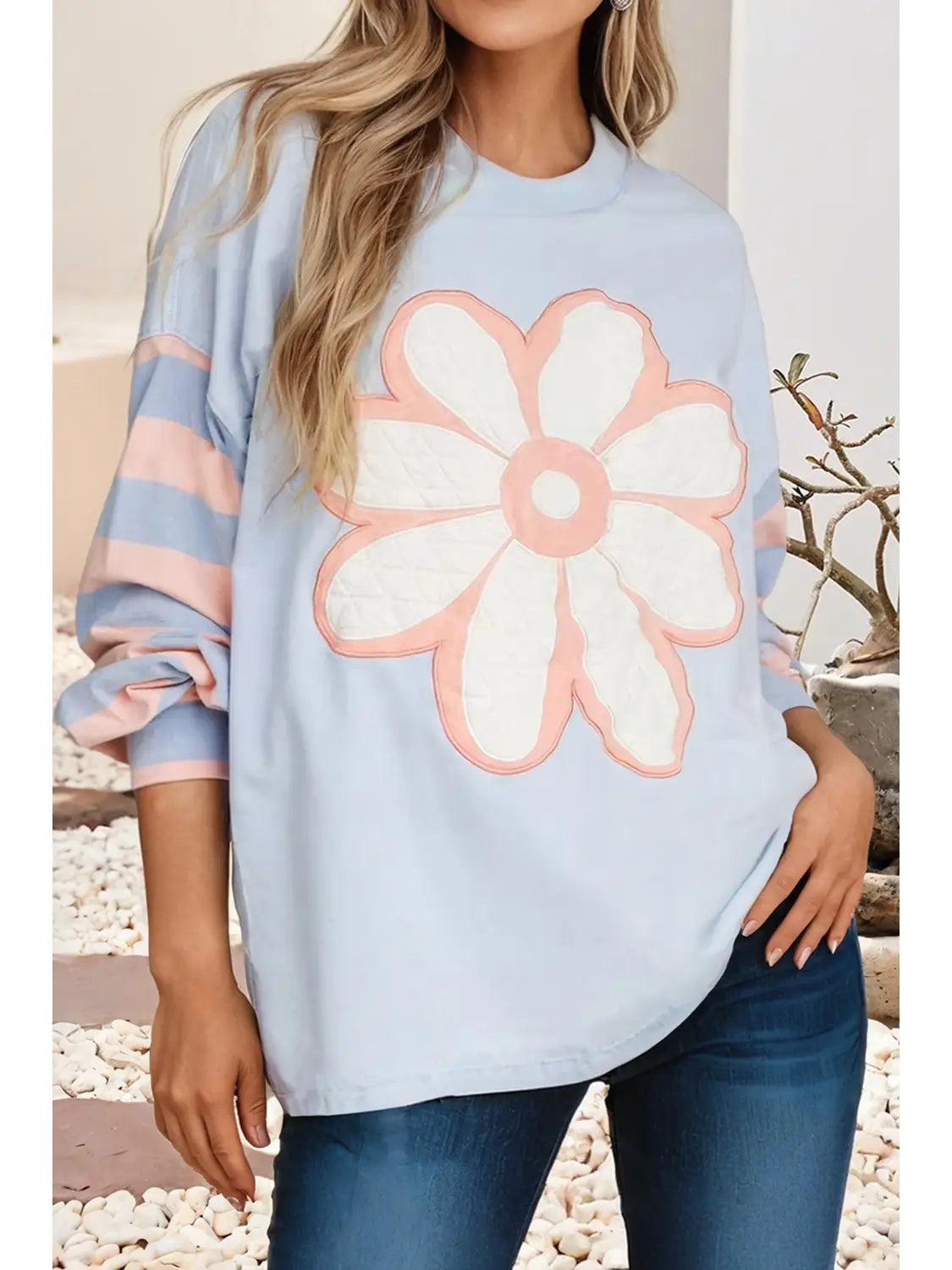 Big Flower Patch Drop Shoulder Striped Long Sleeve Top