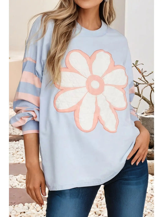 Big Flower Patch Drop Shoulder Striped Long Sleeve Top