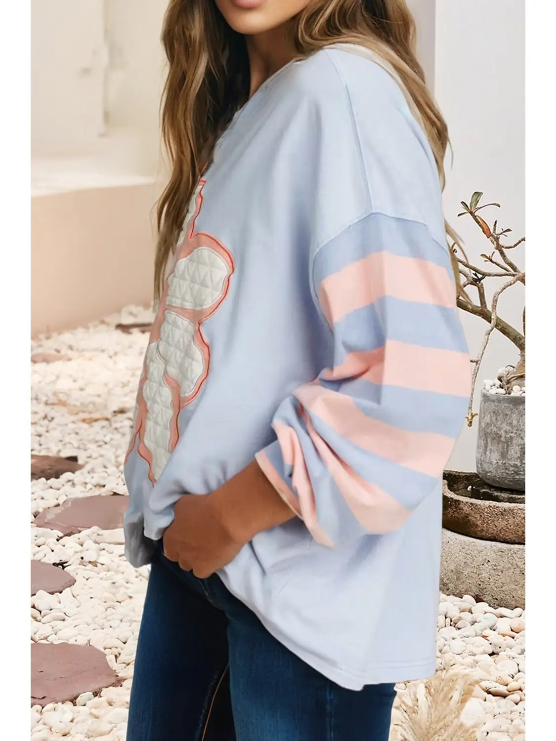 Big Flower Patch Drop Shoulder Striped Long Sleeve Top
