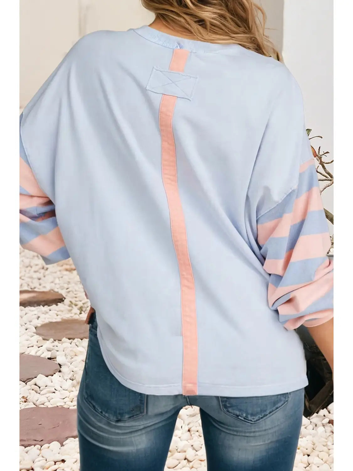 Big Flower Patch Drop Shoulder Striped Long Sleeve Top