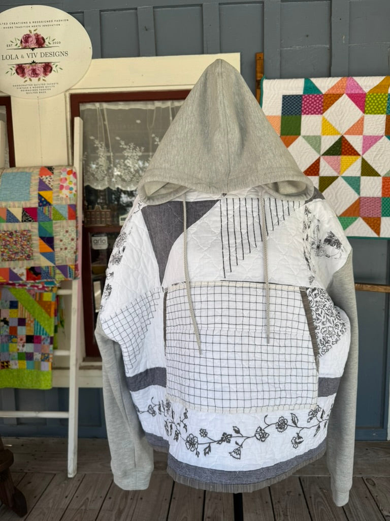 Patchwork Grey and White Quilted Hoodie