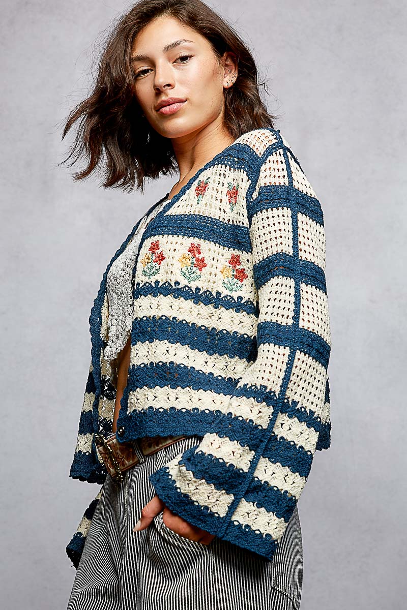Stripes & Florals Embroidered Crochet Cardigan Top