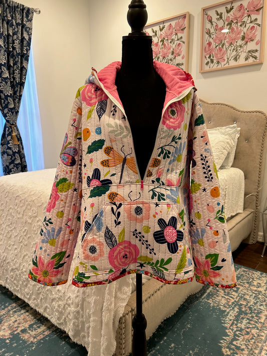 Quilted 1/2 Zip Hoodie - Floral and Dragonfly (Proto-Sample)