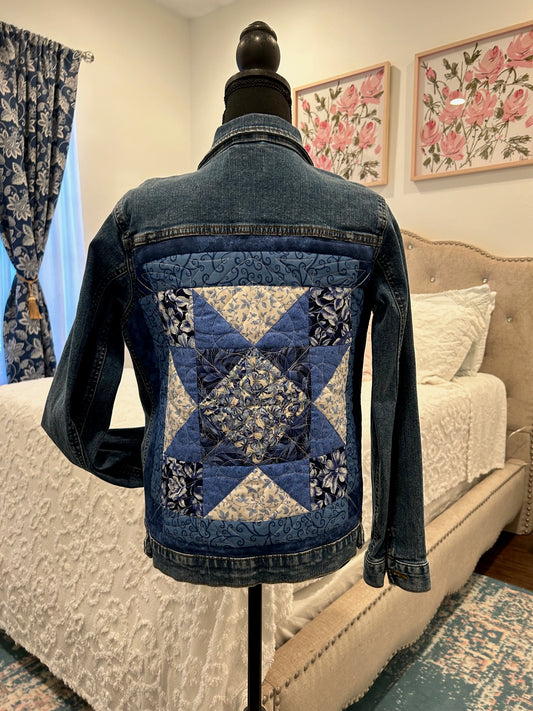 Redesigned Denim Jacket - Railroad Crossing Block (Quilted Panel)