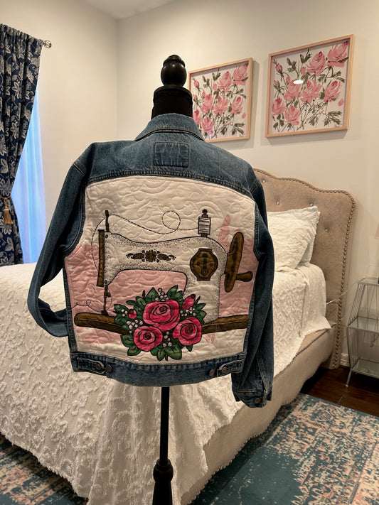 Redesigned Denim Jacket - Antique Sewing Machine (Quilted Panel)