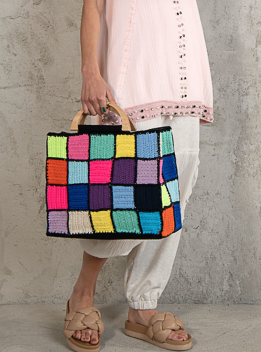 Large Multi-Colored Squares Crochet bag with wooden handles