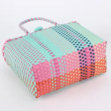 Mint Green Multicolored Retro Woven PVC Tote Bag with Button Closure