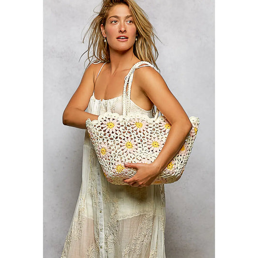 Floral Crochet Handbag - Multicolor & Beige with Light Pink Flowers
