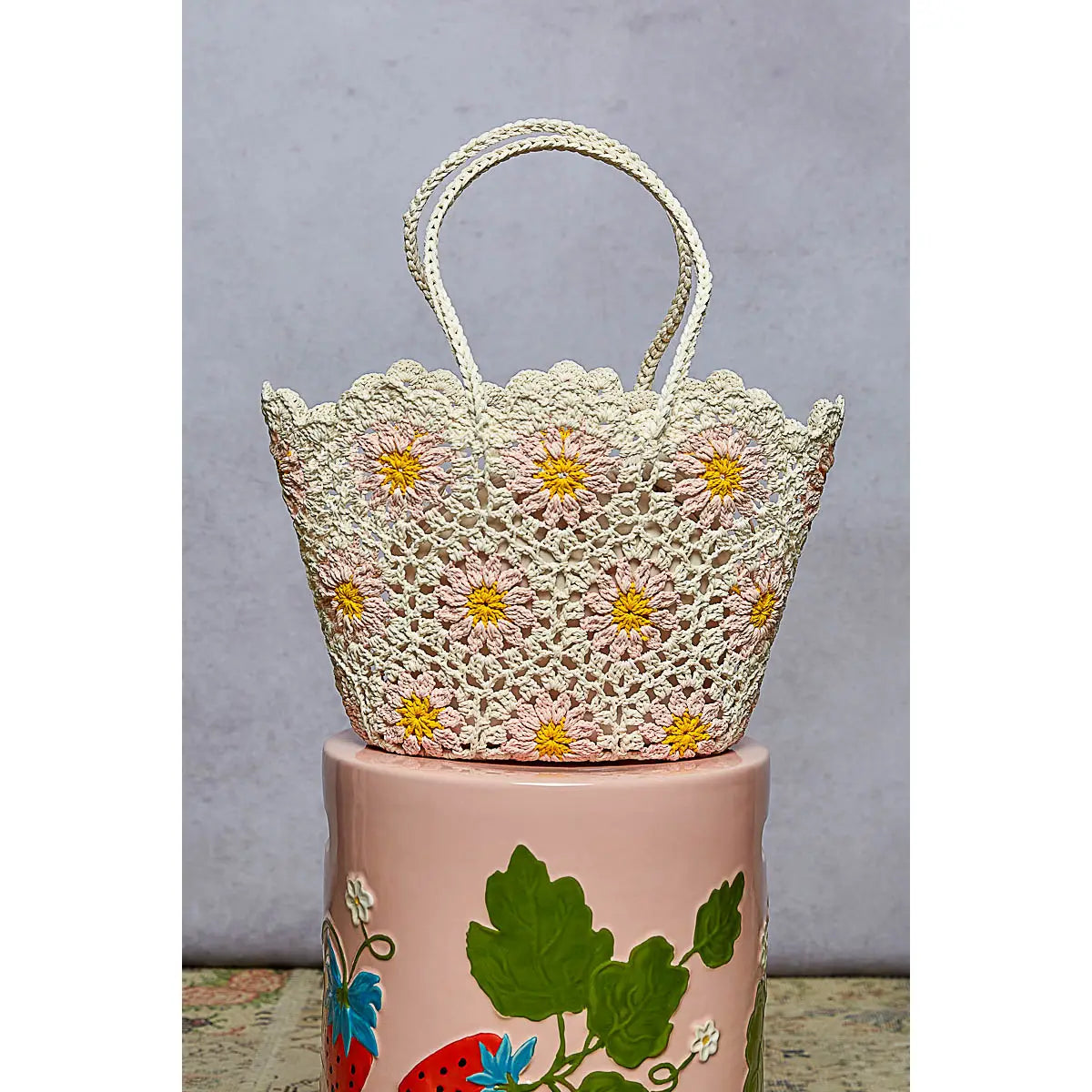 Floral Crochet Handbag - Multicolor & Beige with Light Pink Flowers