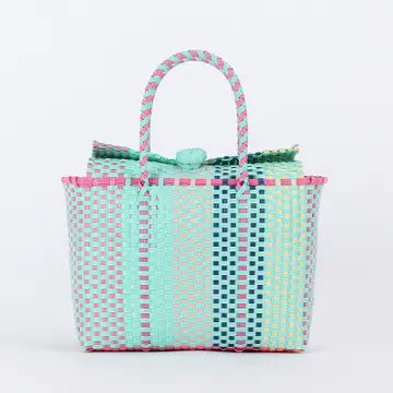 Mint Green Multicolored Retro Woven PVC Tote Bag with Button Closure