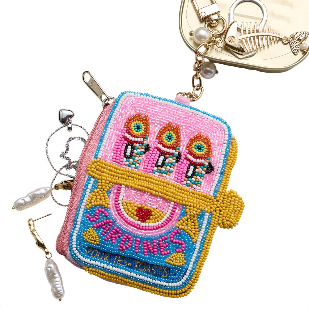 Seed Bead Sardine Can Mini Zipper Pouch with Fishbone Pearl Keychain Bag Charm