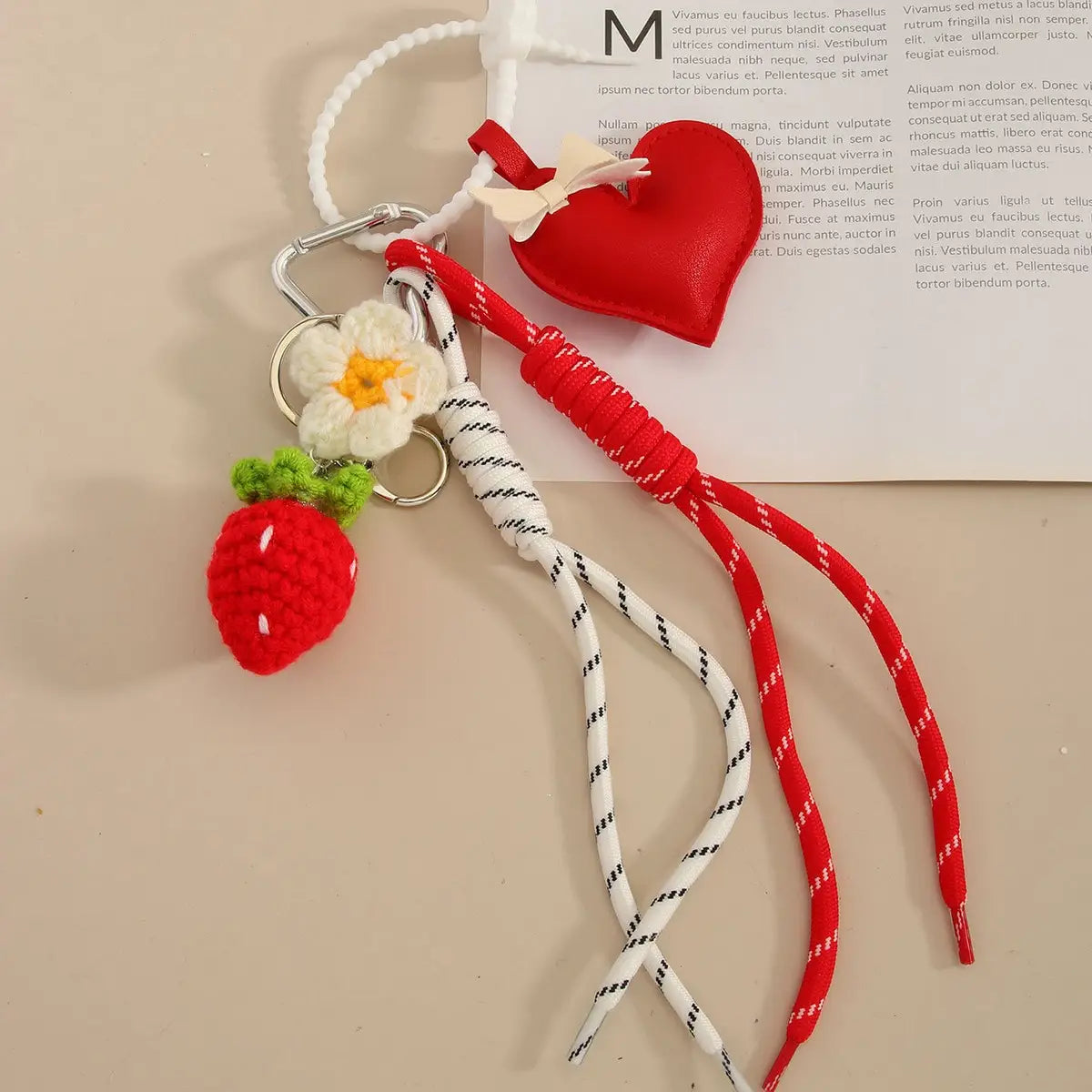 Crocheted Strawberry Keychain with Heart & Bow Bag Charm