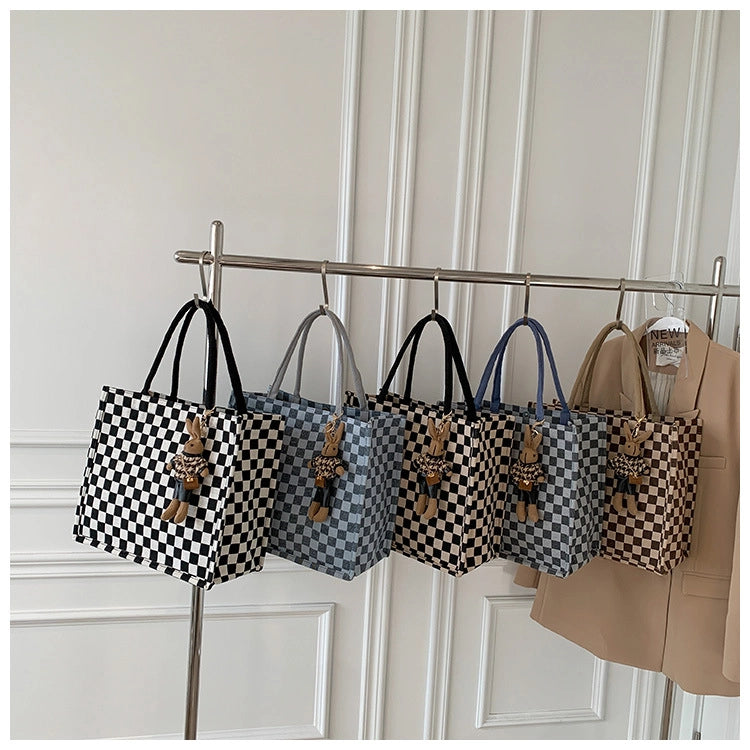 Checkered Pattern Tote Bag with Rabbit Charm