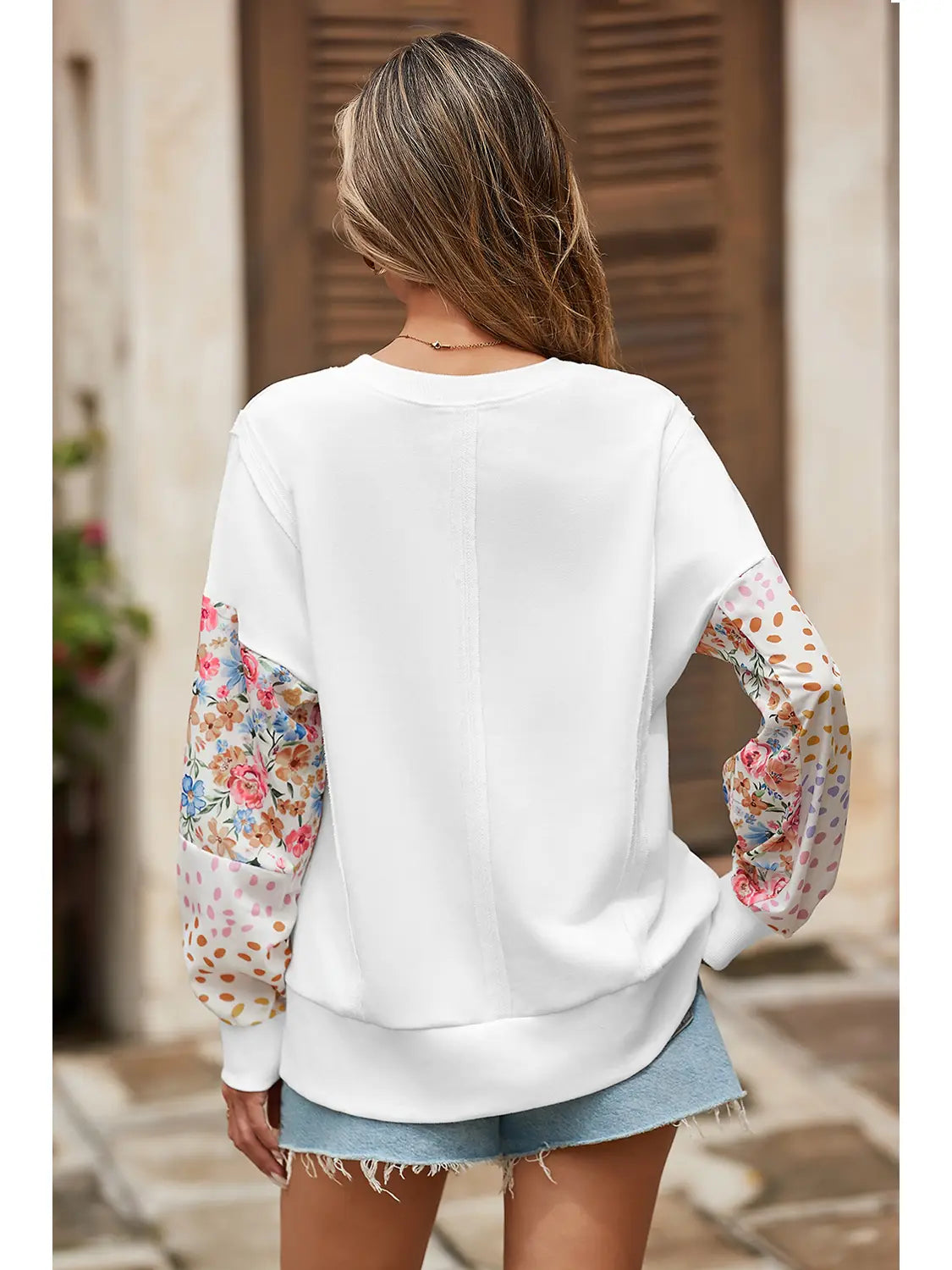 Floral & Print Patchwork Long-Sleeved Sweatshirt