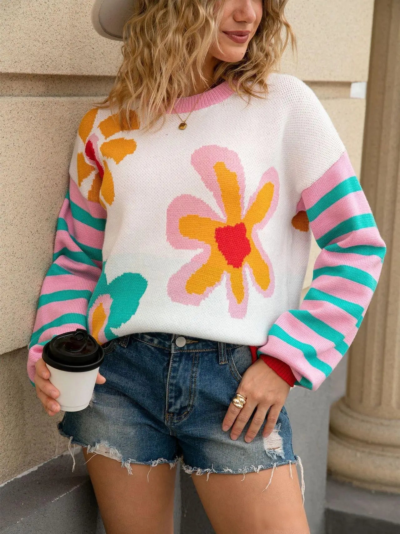 Colorful Floral Striped Knit Sweater