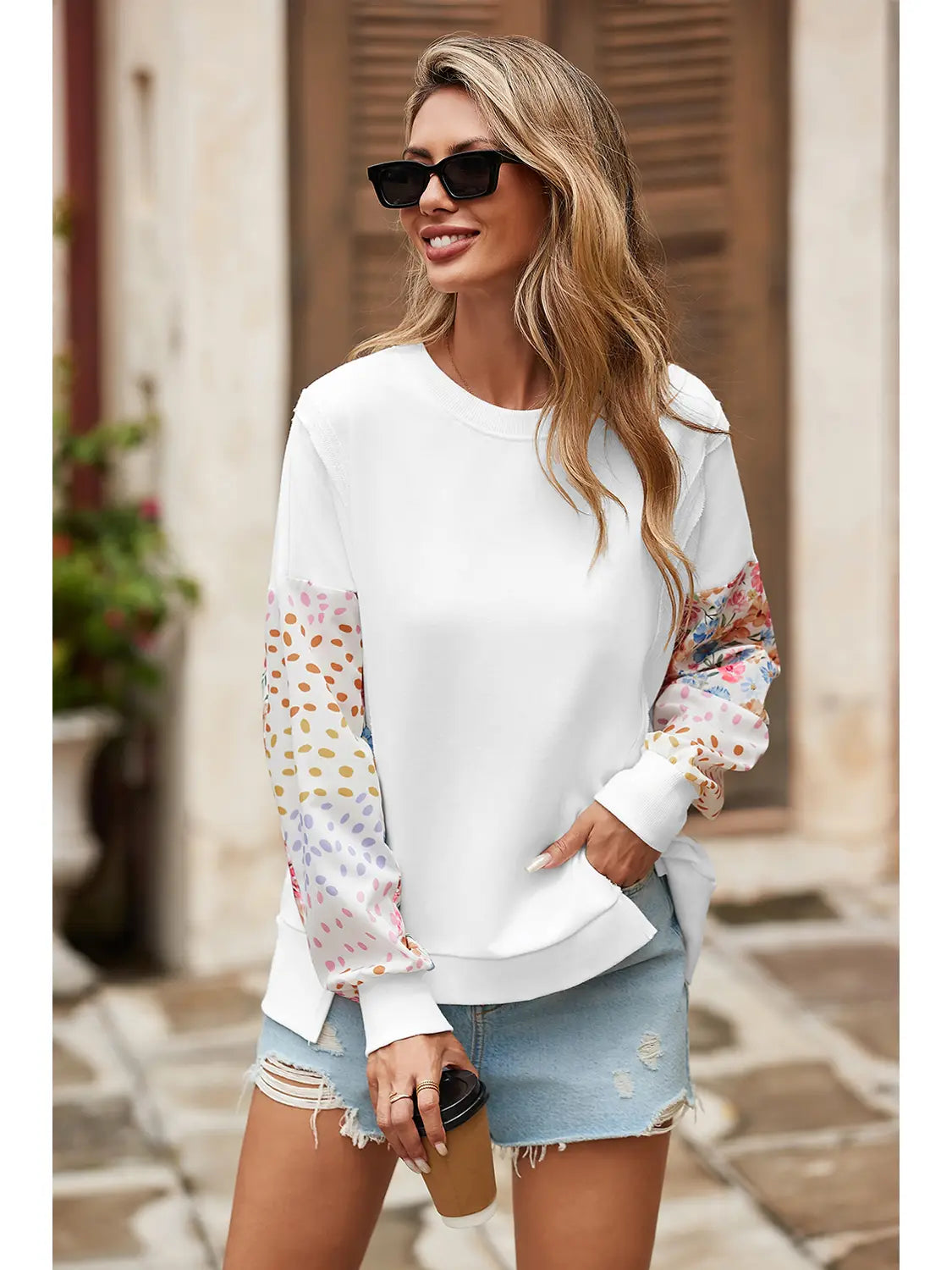 Floral & Print Patchwork Long-Sleeved Sweatshirt