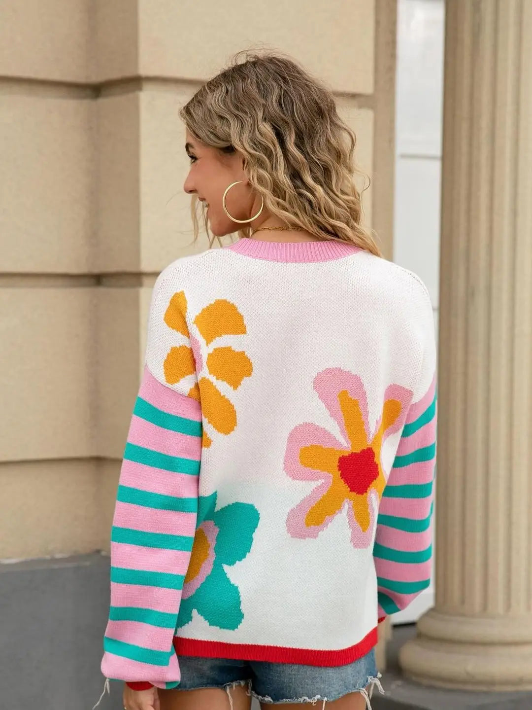 Colorful Floral Striped Knit Sweater