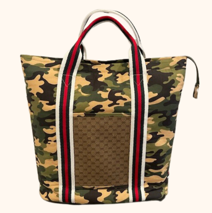 Redesigned Line: Camouflage Backpack with exterior pocket made from Gucci coated canvas