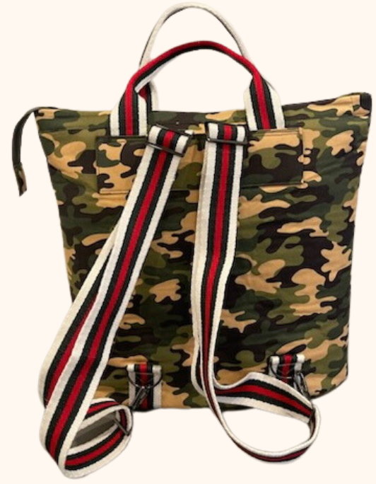 Redesigned Line: Camouflage Backpack with exterior pocket made from Gucci coated canvas