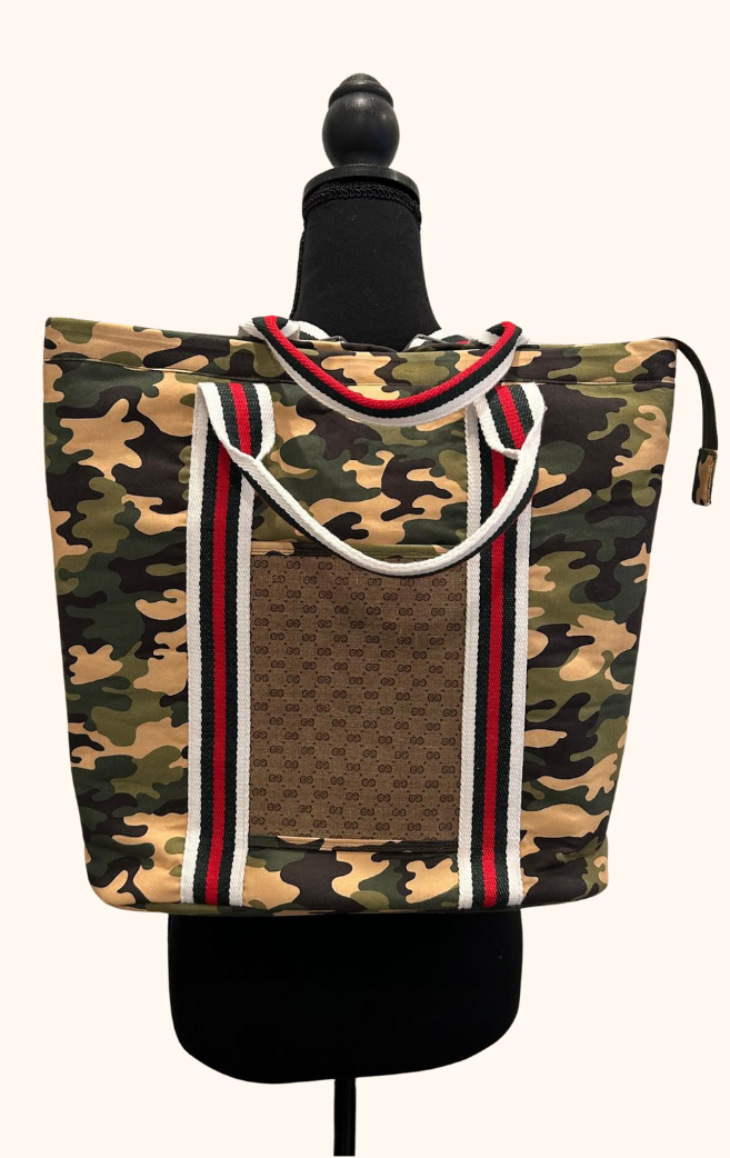 Redesigned Line: Camouflage Backpack with exterior pocket made from Gucci coated canvas