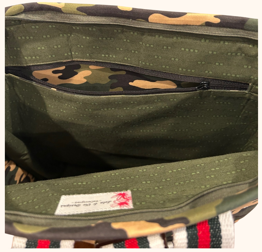 Redesigned Line: Camouflage Backpack with exterior pocket made from Gucci coated canvas