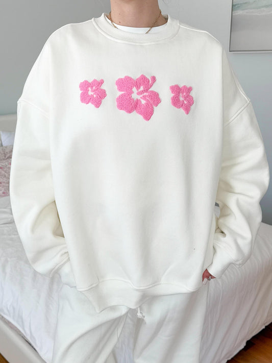 Ivory Embroidered Hibiscus Flower Sweatshirt