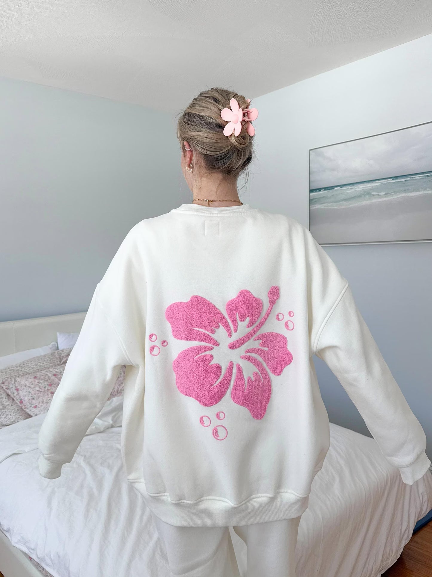 Ivory Embroidered Hibiscus Flower Sweatshirt