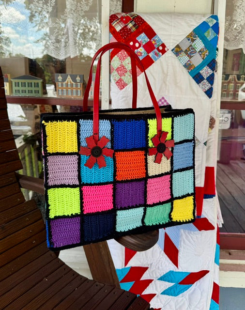 Large Multi-Colored Squares Crochet bag with Red Leather Straps Daisy embellishments