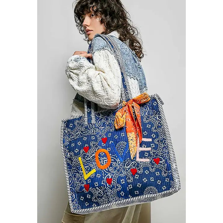LOVE Bandana Quilted Tote Bag - Indigo Paisley