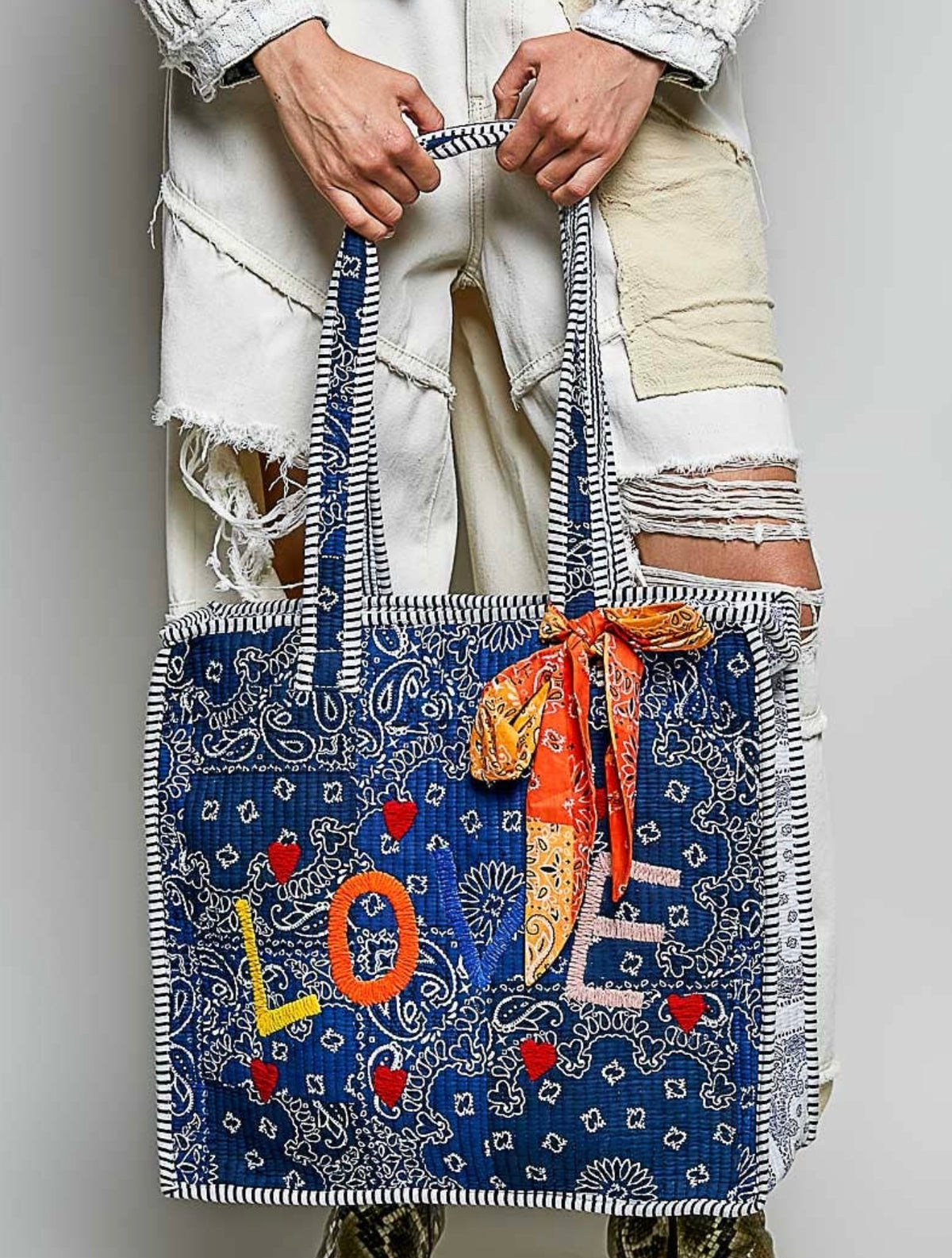 LOVE Bandana Quilted Tote Bag - Indigo Paisley