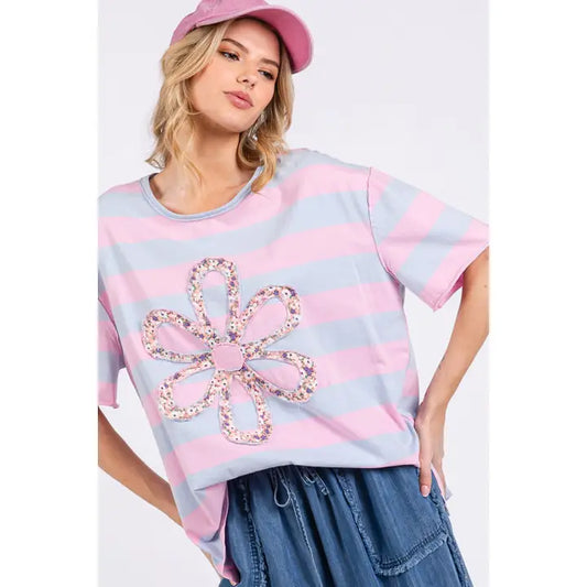 Daisy Patch Floral Applique Top from Sage & Fig in Pink & Blue Striped