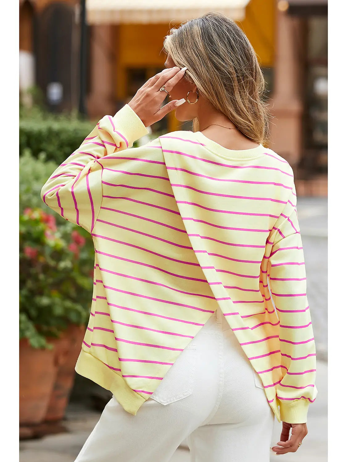 Striped Stylish with a Back Overlap Sweatshirt